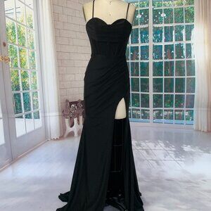 Handmade Black Spaghetti Strap Evening Gown with Slit and Lace-Up Back